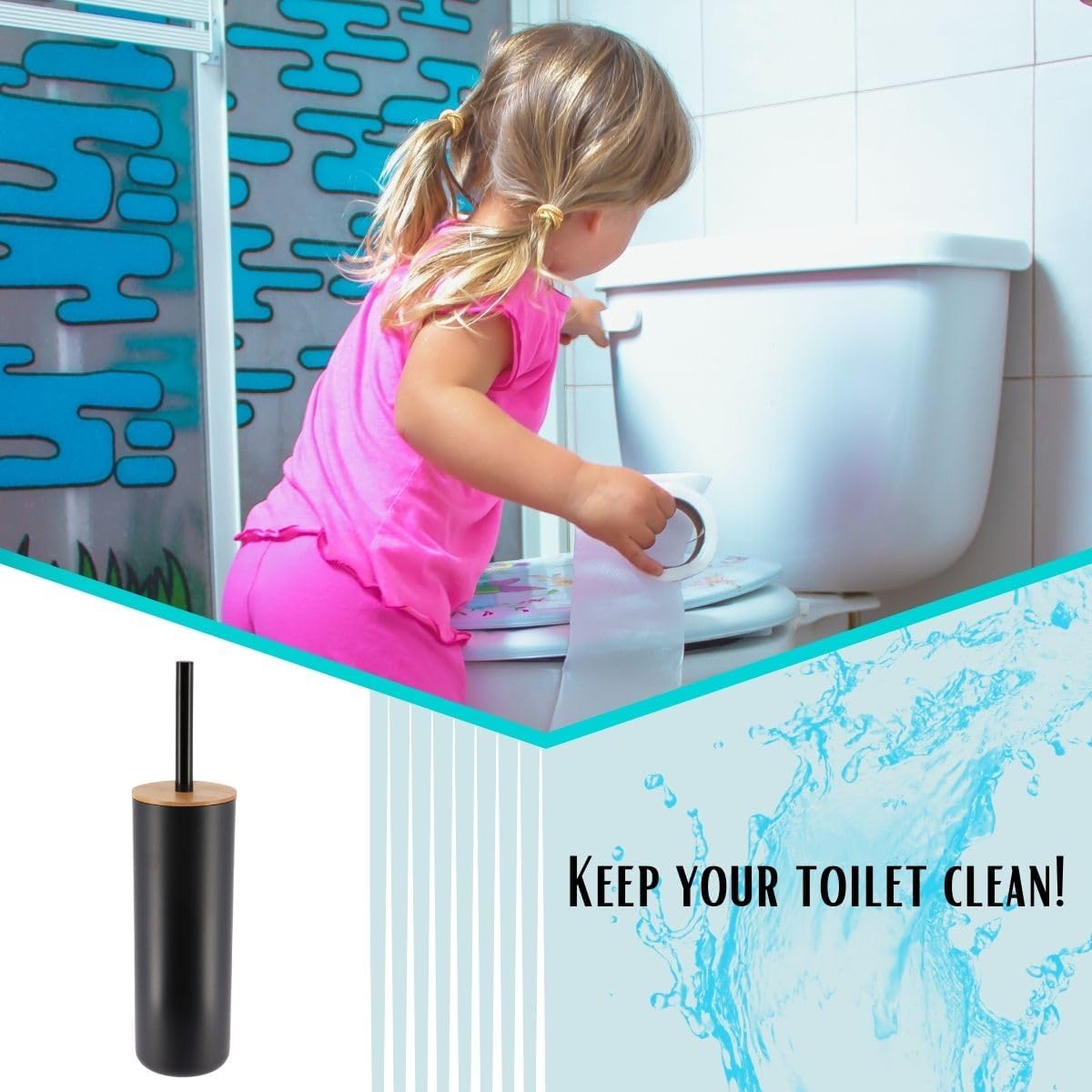 Black Toilet Brush and Holder Set Padang with Bamboo Top – Modern Bathroom Accessory for Neat Organization – Compact Design, Concealed Storage, and Durable Handle