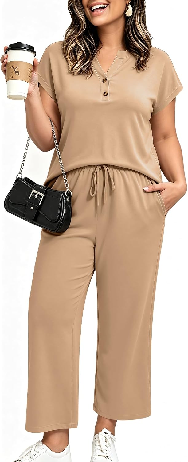 Plus Size Two Piece Lounge Set for Women – Summer Vacation Short Sleeve Top & Wide Leg Pants — view 2