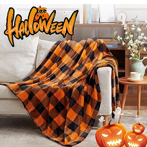 Touchat Halloween Blanket, Fleece Throw Blankets, Buffalo Plaid Throw Blanket for Couch Sofa Bed, Soft Warm Fuzzy Cozy Plush Checkered Blanket, Farmhouse Fall Decor, Orange and Black