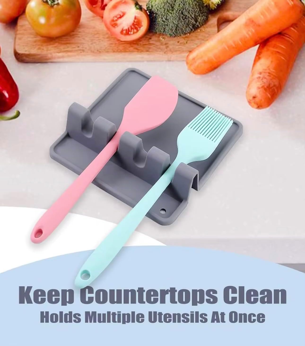 Spoon Rest for Stove Top, Silicone Spoon Holder for Kitchen Counter, Heat Resistant Drip Pad, BPA Free, Non-Slip, 4 Slots, Includes 2 Bonus Sponges (Gray) image 5