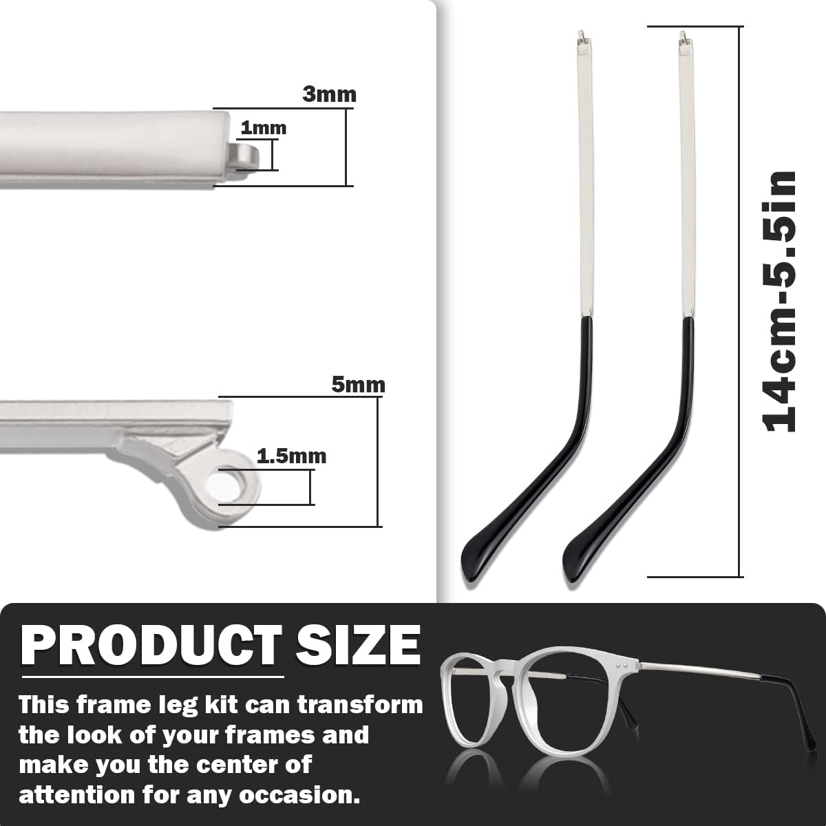 1 Pair Metal Eyeglass Replacement Arm, Eyewear Frame Temple Replacement Universal Sunglasses Arm Legs Replacement for Thin Metal Glasses, Sunglasses（Silver） image 2