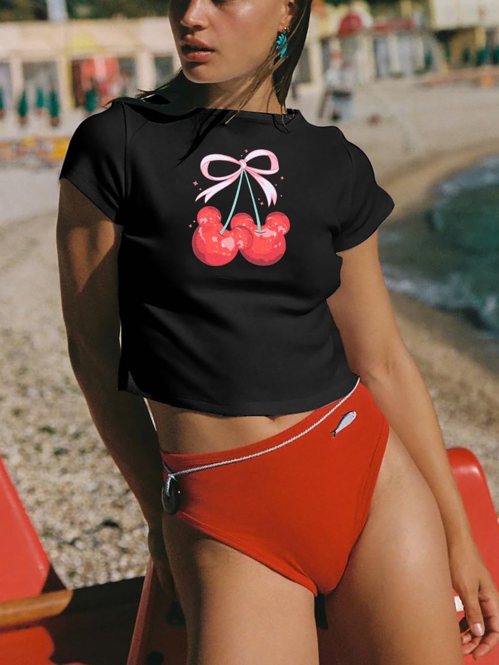 Pink Bow Cherries Shirt Women: Coquette Tops Clean Girl Aesthetic Shirts Casual Summer Short Sleeve Tshirt - Image 2