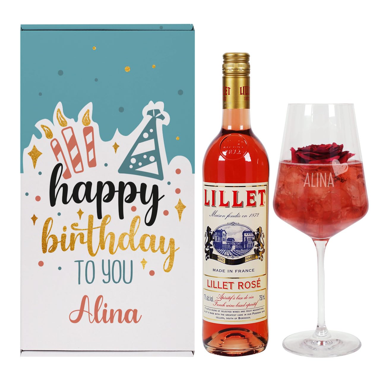 Herz & Heim® Happy Birthday - Geschenkset mit graviertem Weinglas, Geschenkbox und einer Flasche Lillet Rosé