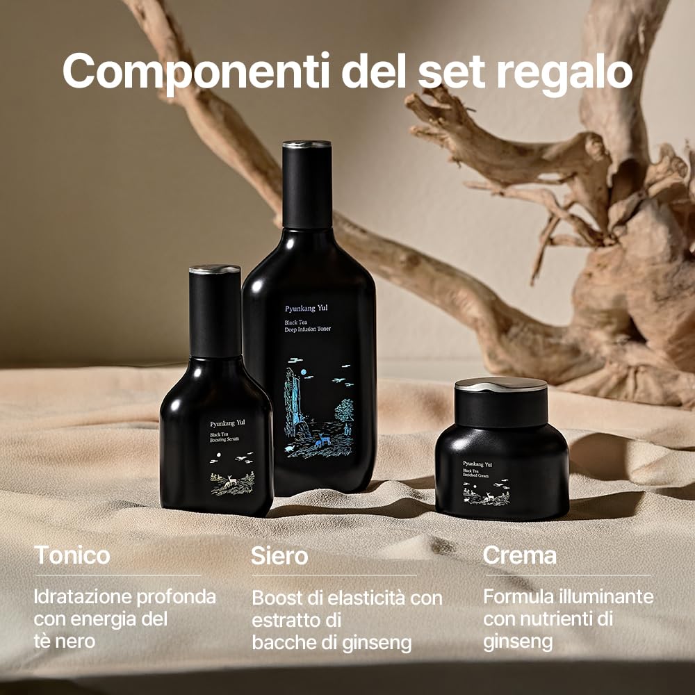 Pyunkang Yul Cofanetto regalo linea tè nero - Prodotti per la cura della pelle fermentata coreana per l'idratazione quotidiana, tonico di fascia alta premium di lusso, siero, crema