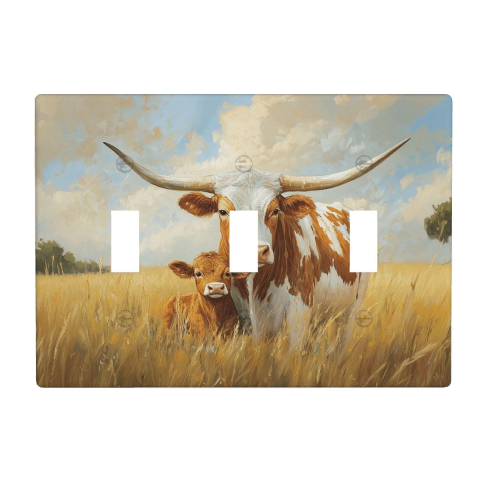 Woshuwo White Longhorn Mother Cow And Calf Open Countryside Field Light Switch Covers 3 Gang Triple Toggle Wall Plate Switchplate Electrical Faceplate For Bathroom Kitchen Bedroom Decor