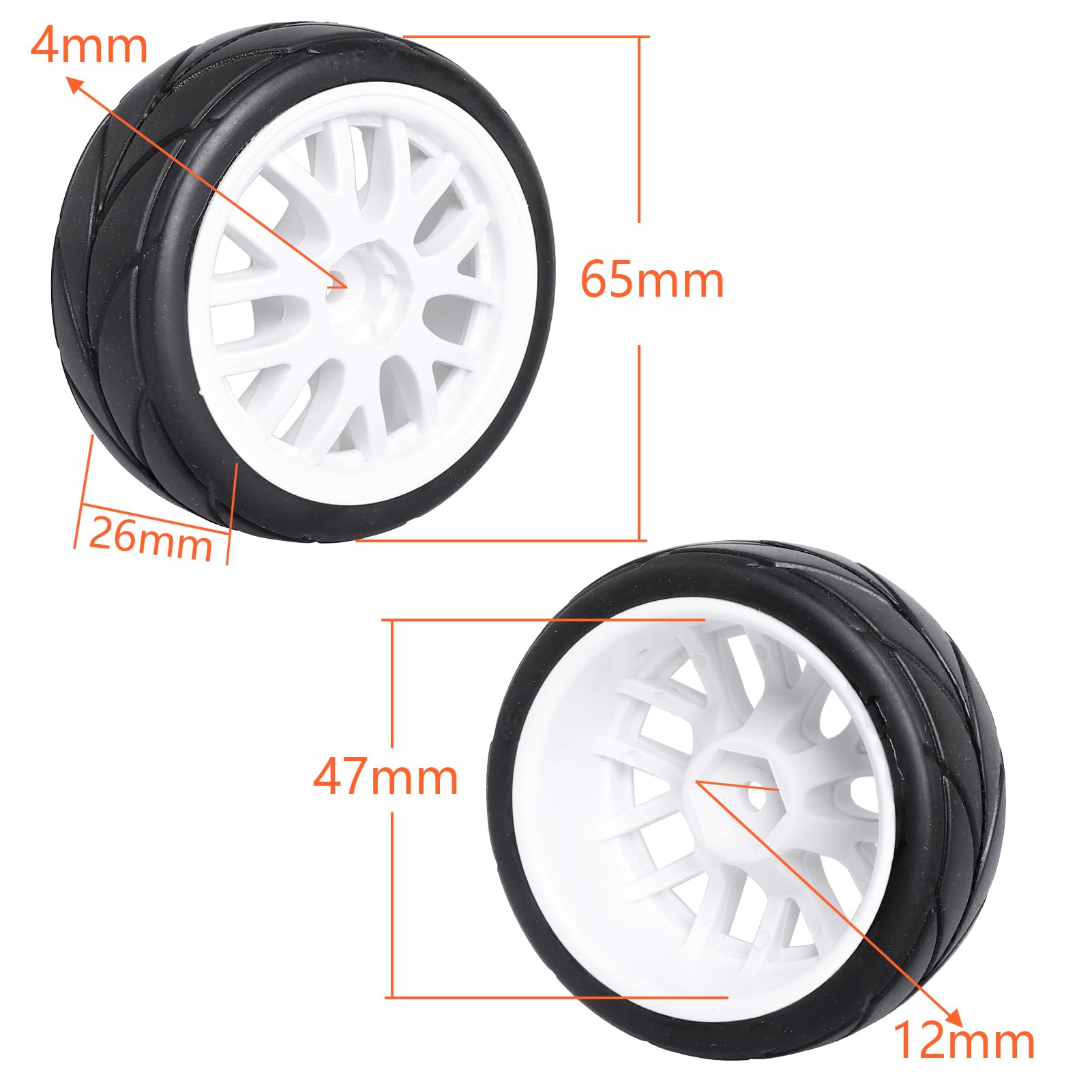 Hobbyfire Pre-Glued 1/10 On-Road Car Tires & Wheels - 12mm Hex, 2.64" OD, Aluminum Rims, Set Of 4 (Color B)