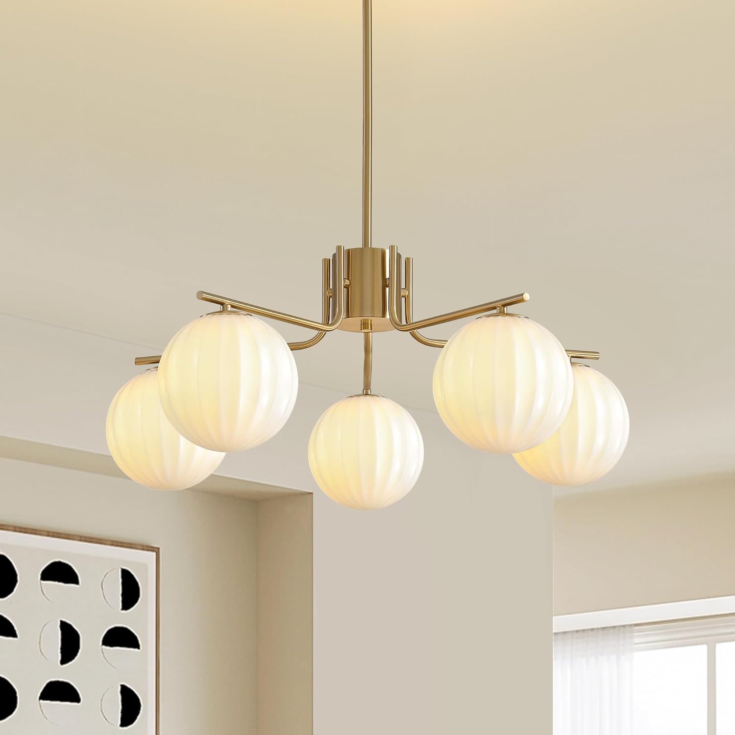 5-Light White Ribbed Glass Modern Milk Glass Globe Chandelier Light Fixture Bedroom Mid Century Sputnik Pendant Light Gold Brass Chandeliers for Dining Room Kitchen Island Living Room