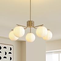 Modern 5-Light Milk Glass Globe Sputnik Chandelier - White Ribbed Glass, Gold Brass Pendant for Dining Room, Kitchen Island, Bedroom