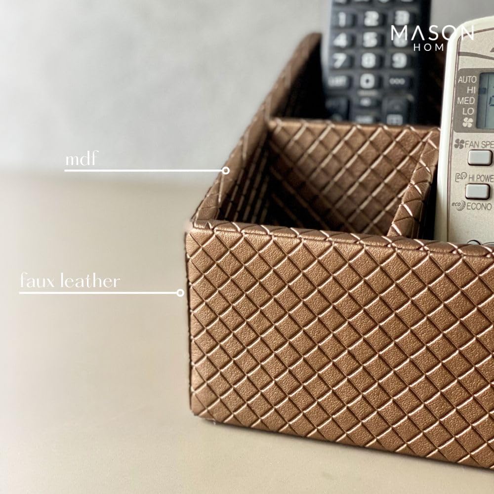 MASON HOME Vegan Leather & Mdf Braided Brown Remote Holder - 1Pc - L 6.25" x B 5" x H 5"|Decorative Multifunctional Space Saving Organizer Stand|Rom - Table - Desk|AC TV Controller-Gadgets,Stationary 2
