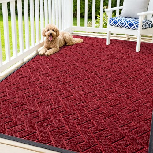 Image of OLANLY Front Door Mat Indoor Outdoor Entrance, Waterproof All-Season, All-Weather Doormat, Sturdy Natural Rubber, Low Profile, Easy Clean Patio Porch Entryway Mat, Herringbone Brick (Wine Red, 71x47)