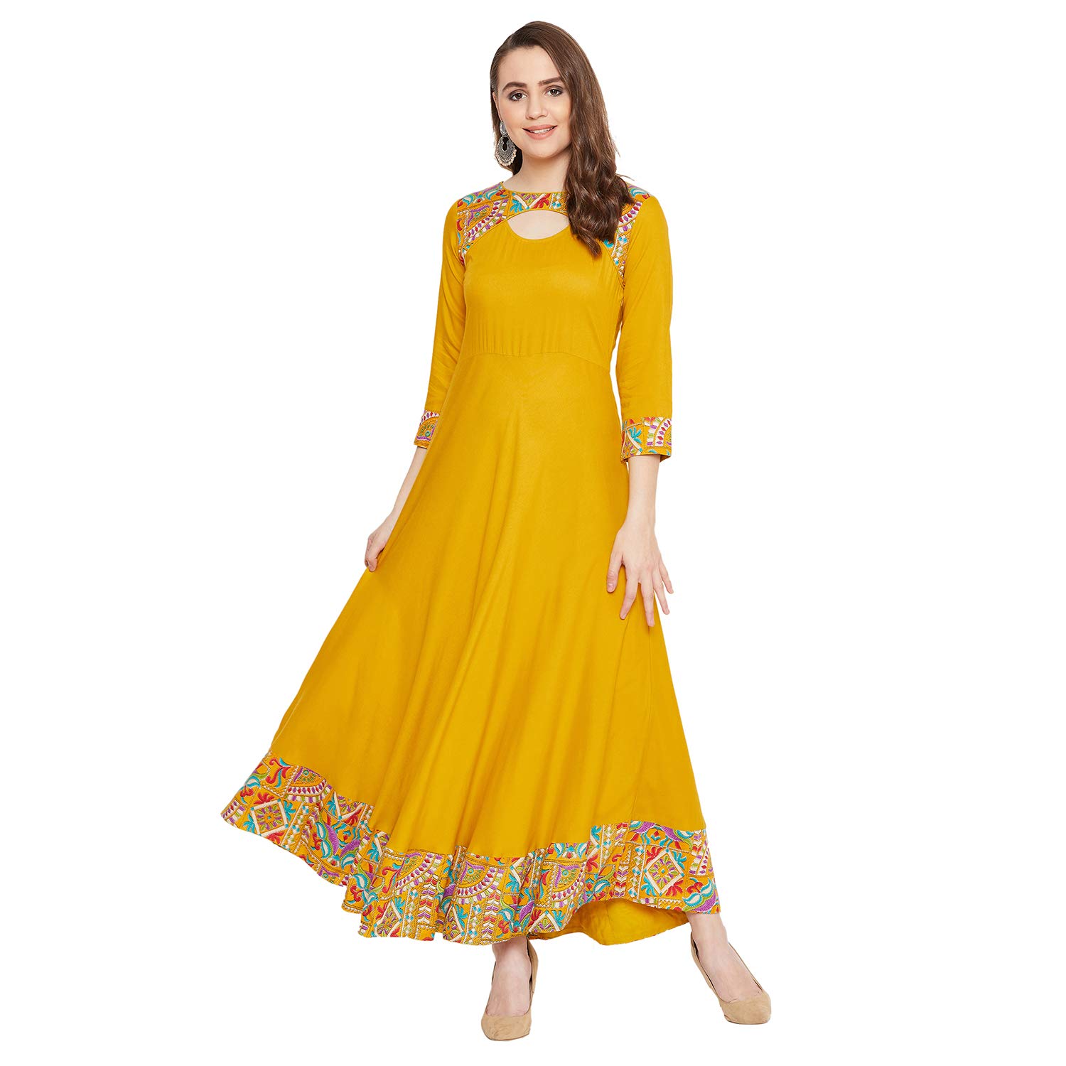 HELLO DESIGNWomen Round Neck Solid Fit and Flare Anarkali Rayon Maxi Dress