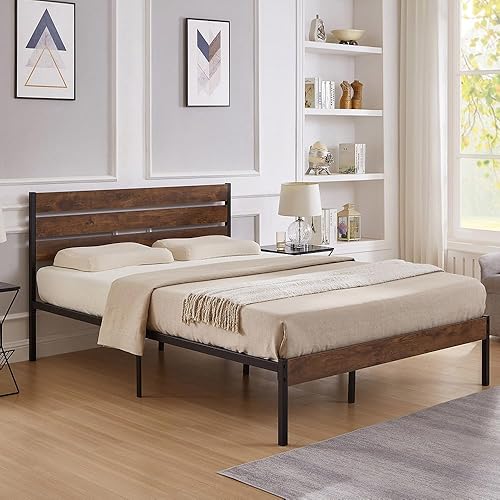 Miniatura 22 de Cama de plataforma de metal de tamaño individual con cabecera de madera, no necesita somier, fácil montaje, grano de madera negro Grano de madera