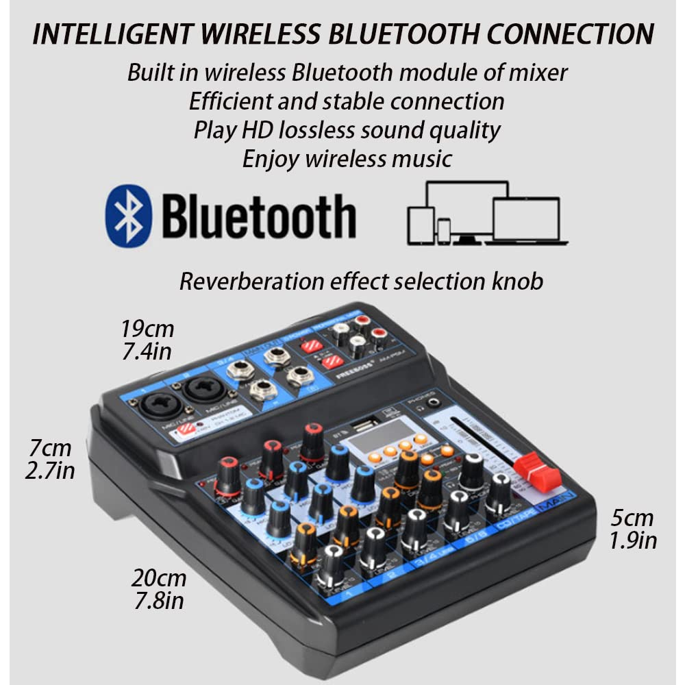 Mixer DJ a 6 canali, interfaccia audio per console USB/MP3/Bluetooth/DJ con interfaccia digitale 48 V Phantom Power Stereo per live streaming Youtube / PC / studio di registrazione / gaming