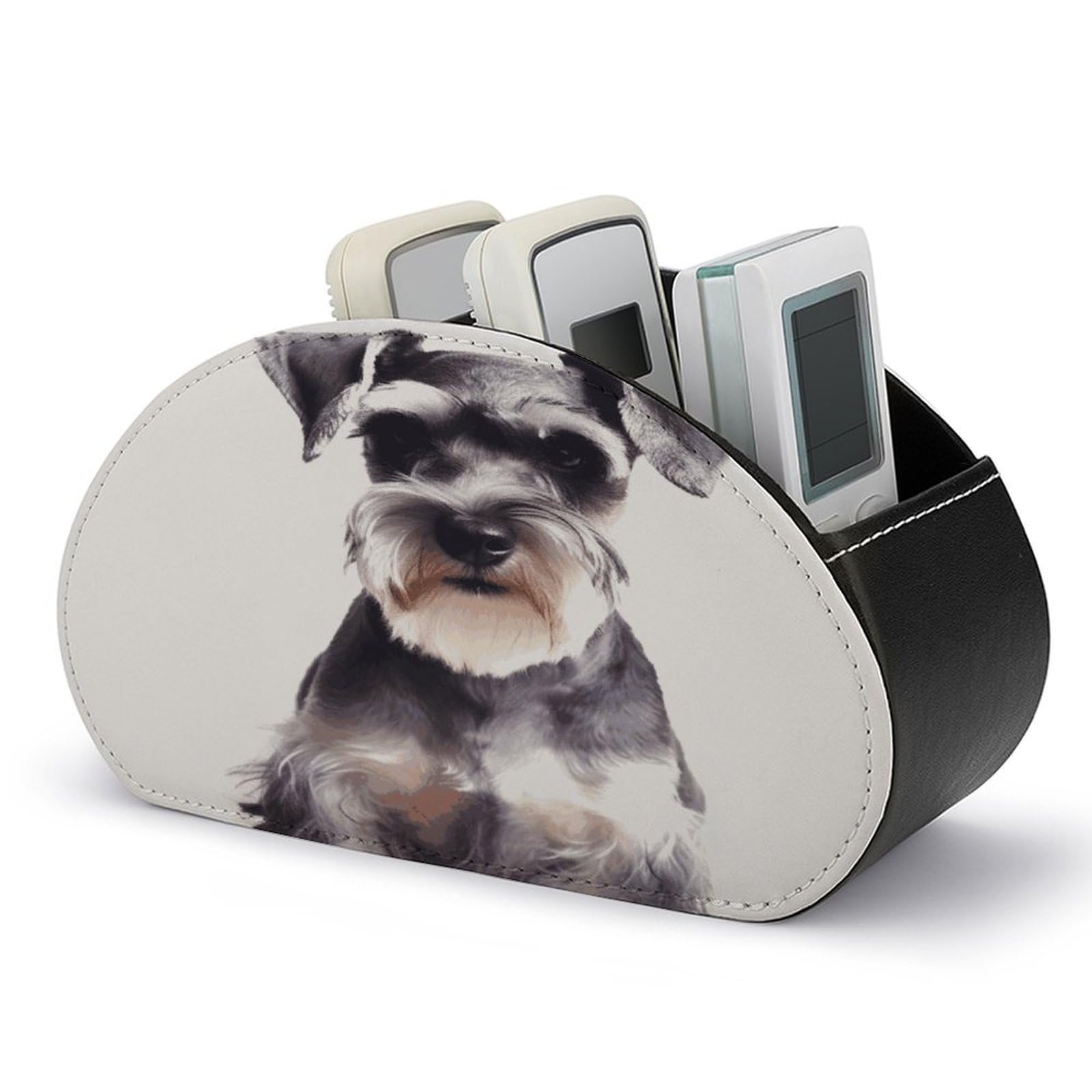 FekiLoot Well-behaved Schnauzer TV Remote Control Holder with 5 Compartments Multi-functional Leather Bedside Table Remote Caddy Desktop Storage Box for Store Pen Controller Media Player Cosmetic