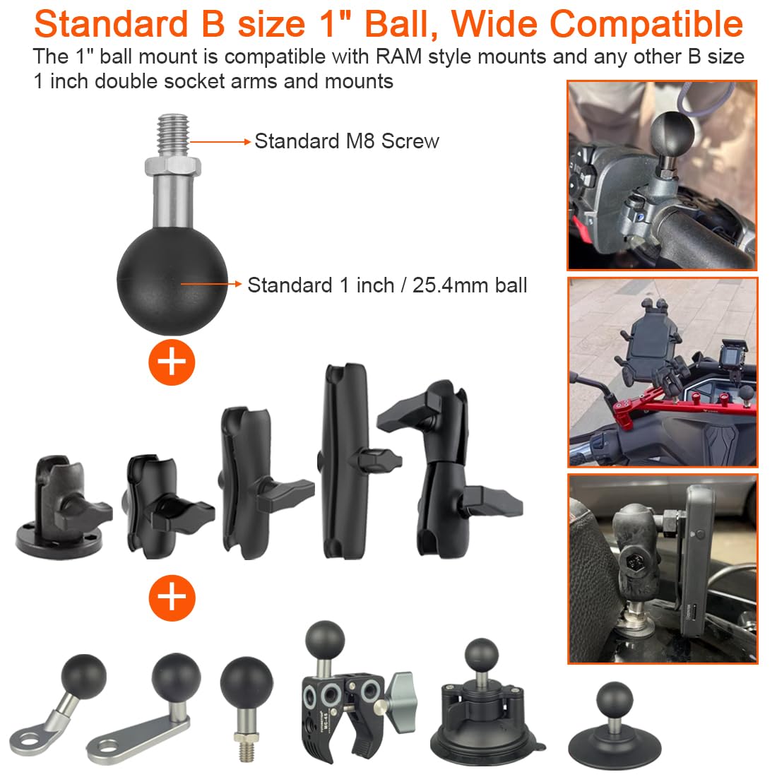 IHYTOON Adaptador De Bola De 1 Pulgada Con Poste Roscado M6 × 0.039 In Para Cámara De Acción Y Videocámara Compatible Con Soportes RAM, Tamaño B, Brazo De Doble Zócalo Y