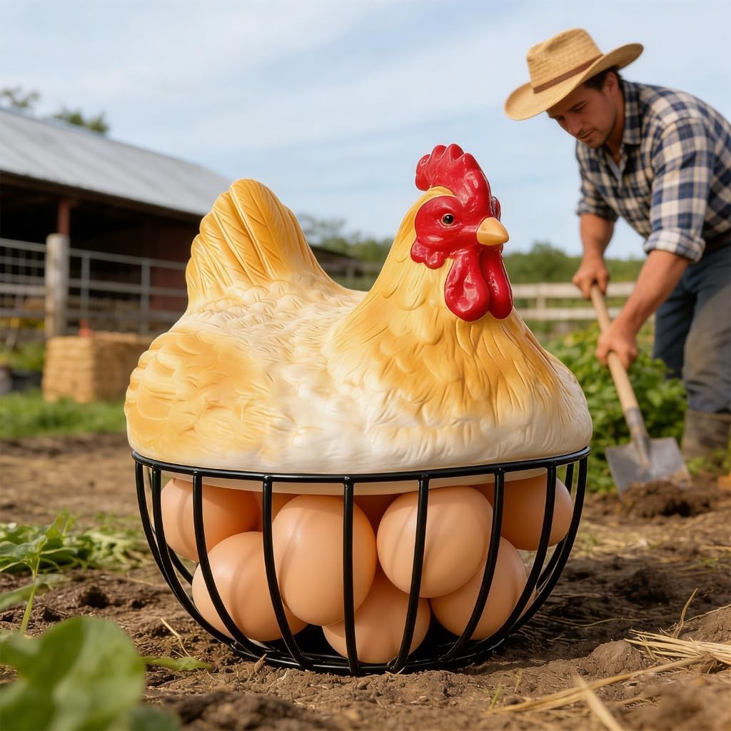 Chicken Eggs Basket for Farmhouse Kitchen Decor – Wire Eggs Basket with Handle, Rooster Decorative Holder, Farmhouse Decor, Fruit Basket for Kitchen Counter