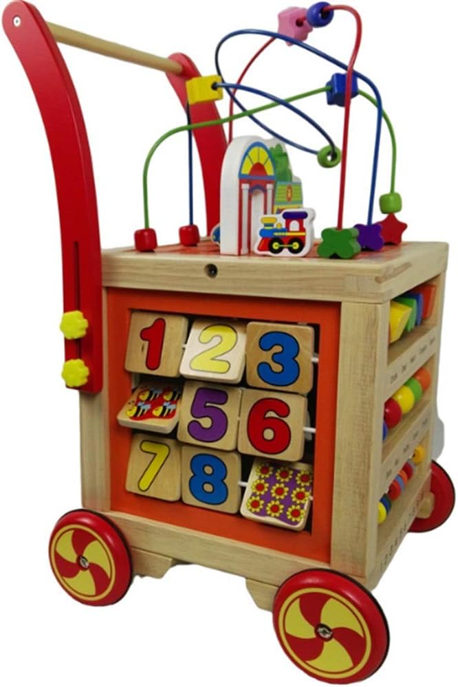 Baby Walker, Early Education Wooden Puzzle Kids Block And Roll Cart Push And Pull Baby Walker With Multiple Activity Centre Sit-to-Stand Learning Walker Toddler Preschool Color Shape Counting Toys Car