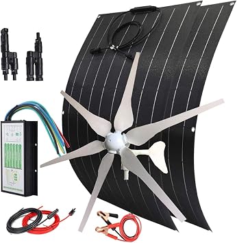600W Wind Solar Kit Off Grid Hybrid System for Boat400W Wind Turbine Generator/2pcs 100W Flexible Solar Panels Monocrystalline/Hybrid Charge Controller/Battery Cables/Connectors