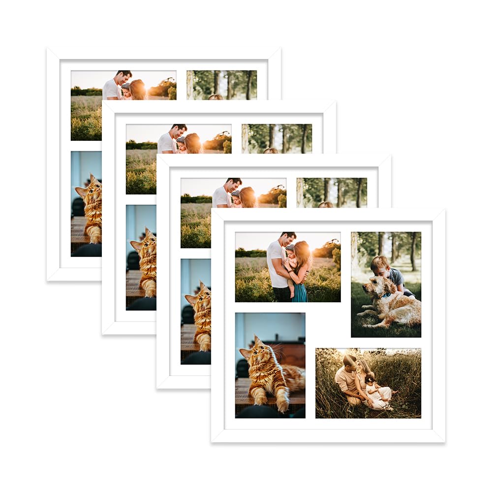 White Multi Photo Frame - Holds 4 x 6x4 Pictures, Family Collage Picture Frame for Wall Display, 12x12 Frame size, Set of 4
