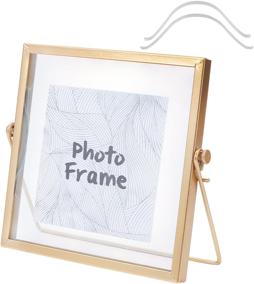 OLYCRAFT 9x7.5 Inch Glass Picture Frame Vertical Gold Metal Photo Frame Simple Metal Geometric Picture Frame Tabletop Shelf Photo Frames with Glass Front Frames for Home Office Wedding Desk Stand