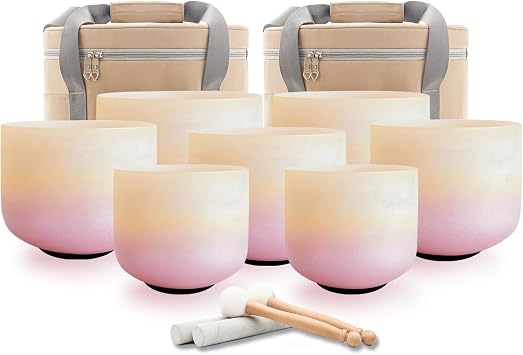 Hye-eun Sunset Crystal Singing Bowl Set, 432 Hz, 7-12 Inch Quartz Crystal Singing Bowl, Meditation Set for Energy Healing, Deep Relaxation, Yoga Sound Healing including Wooden Beater, Carry Bags