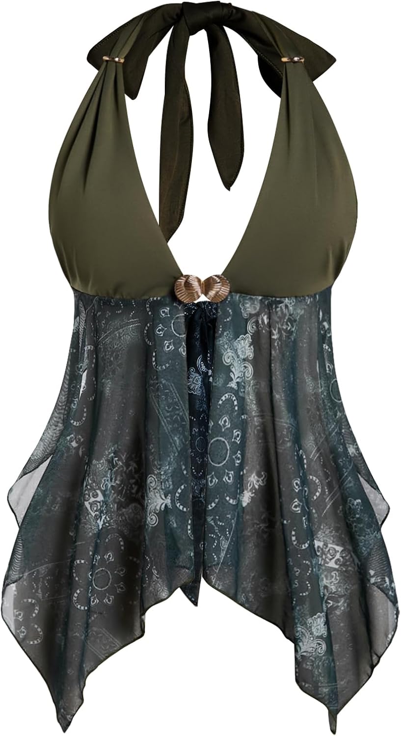 BEAUDRM Women's Y2k Cheetah Print Halter Tops Leopard Tie Back Vintage Metal Corset Party Club Rave Top
