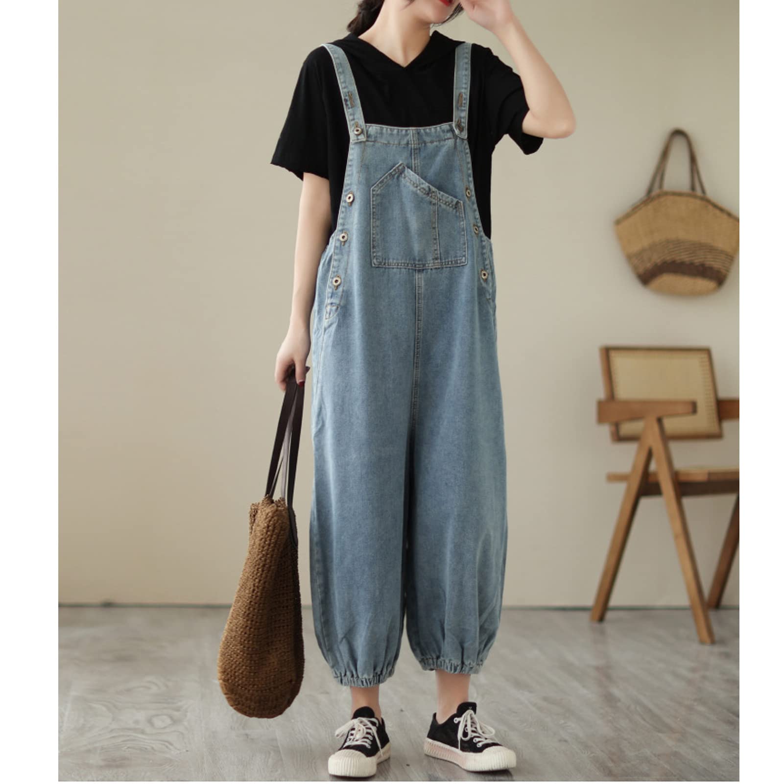 Salopette da donna in denim Salopette Pantaloni da donna Vintage Casual Baggy Jean Tute regolabili Tute Tute a gamba larga Tutina Pantaloni lunghi Azzurro-M