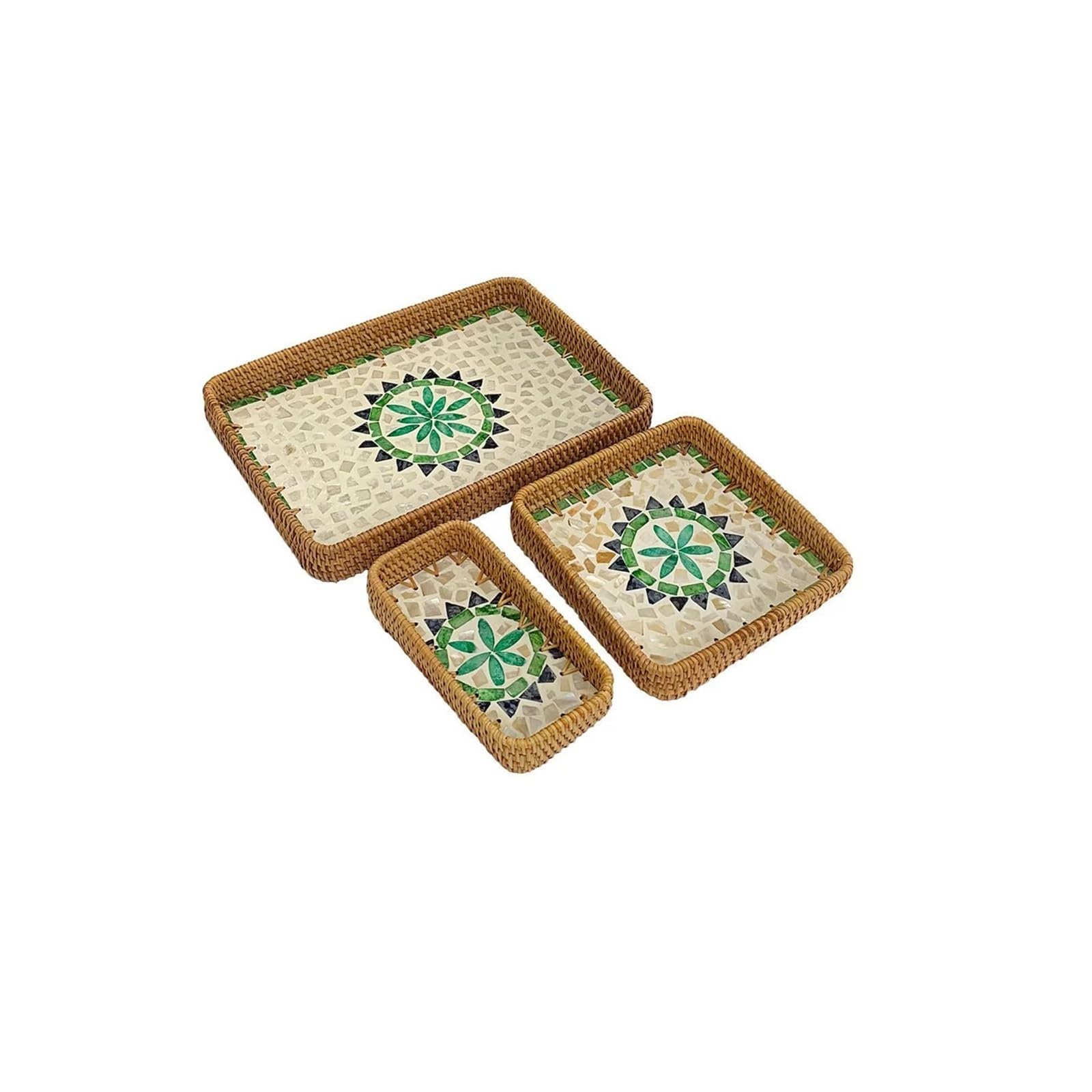Cesta de ratán decorativa para mesa de centro bandeja estilo boho con conchas 4