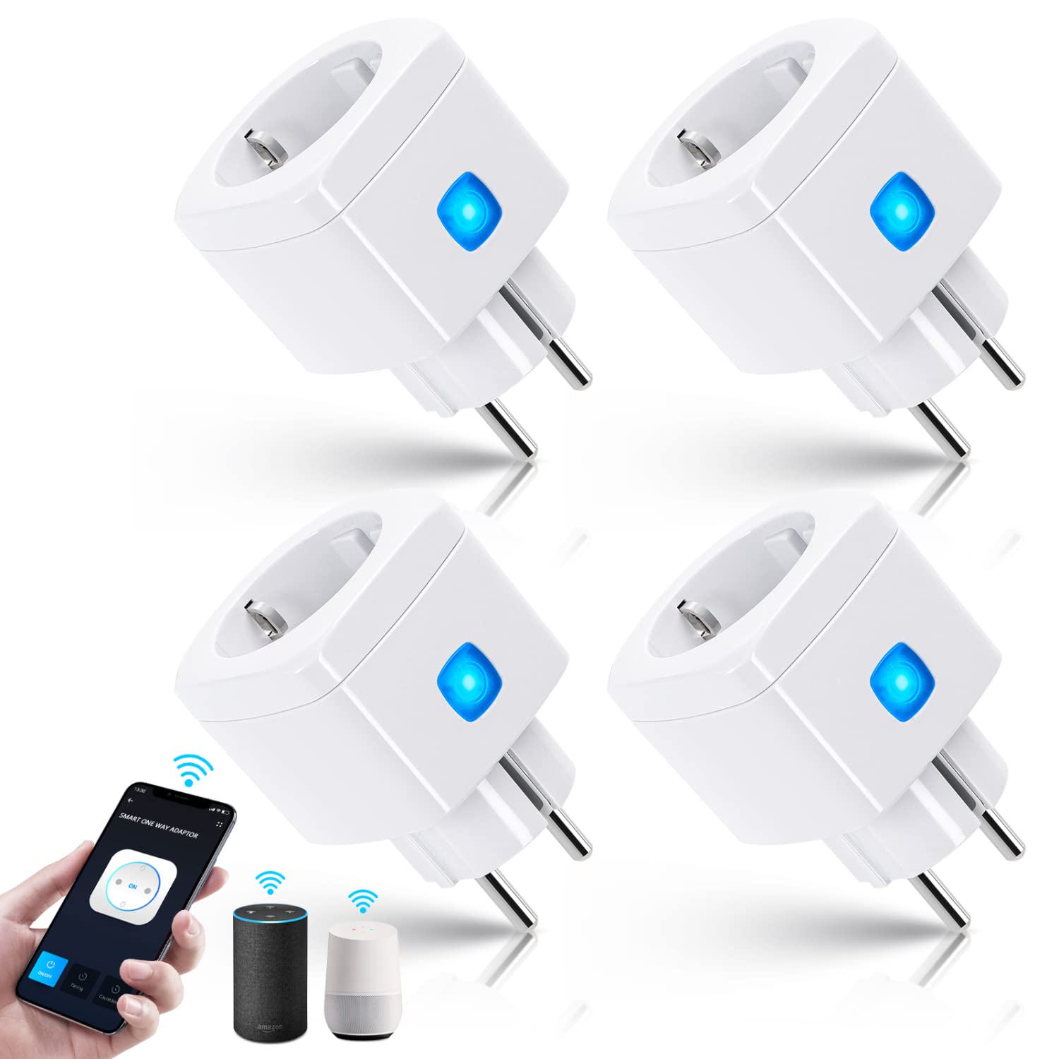 Four Aigostar Mini Smart Wifi Plugs with a smartphone and smart speakers