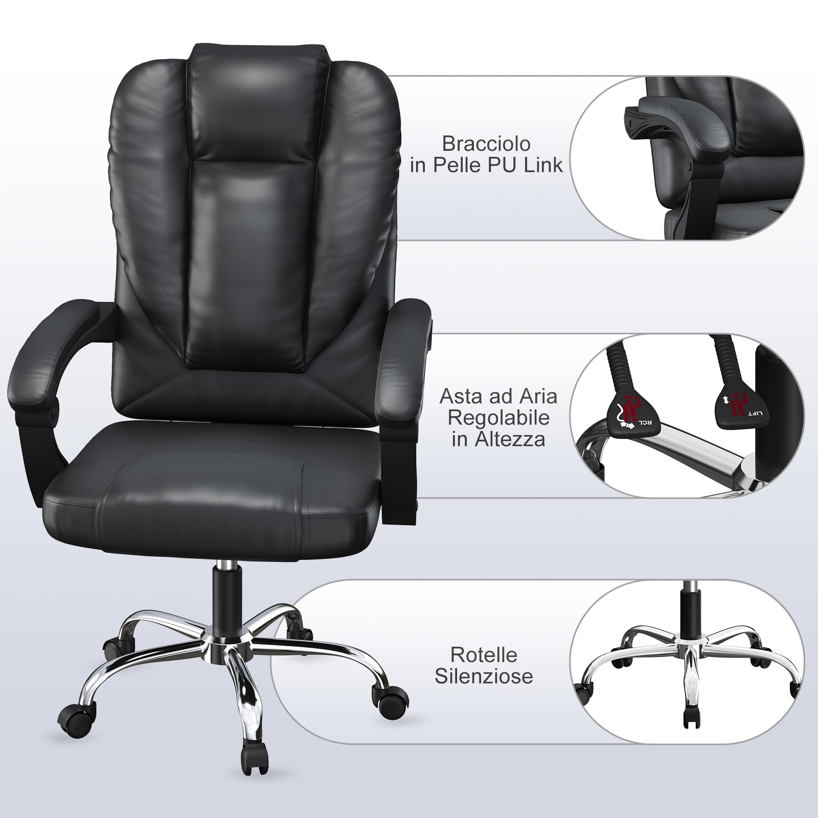 naspaluro Sedia da Ufficio, Sedia Scrivania Ergonomica Con Schienale Alto Inclinato a 135°, Sedie Girevole Confortevole in Pelle Di Alta Qualità, Sedie Sollevabile Con Cuscino a Molla, Nero