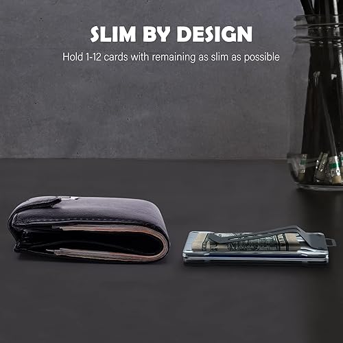 Vista 4 de Cartera minimalista para hombres, cartera táctica con bloqueo RFID, cartera delgada con bolsillo frontal para tarjetas de crédito, Plateado-01