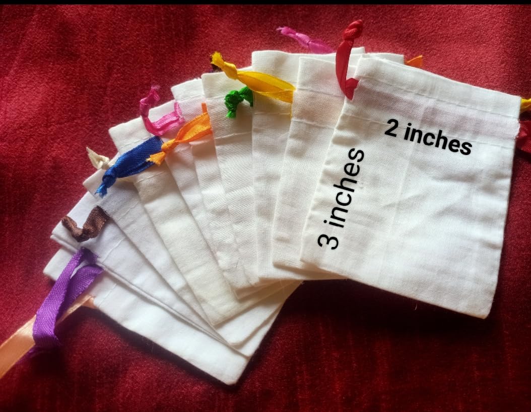 White Cotton Drawstring Pouches, Small Gift Bags with Colorful Satin Ribbons, 2x3 inches / 5x7.5 cm, (Pack of 50 Bags)-image-25