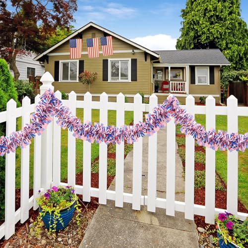 Image of 33FT 4th of July Patriotic Tinsel Garland Red White Blue Metallic Twist Foil Tinsel Garland with Flag for Memorial Day Independence Day Party Door Tree Indoor Outdoor Decoration