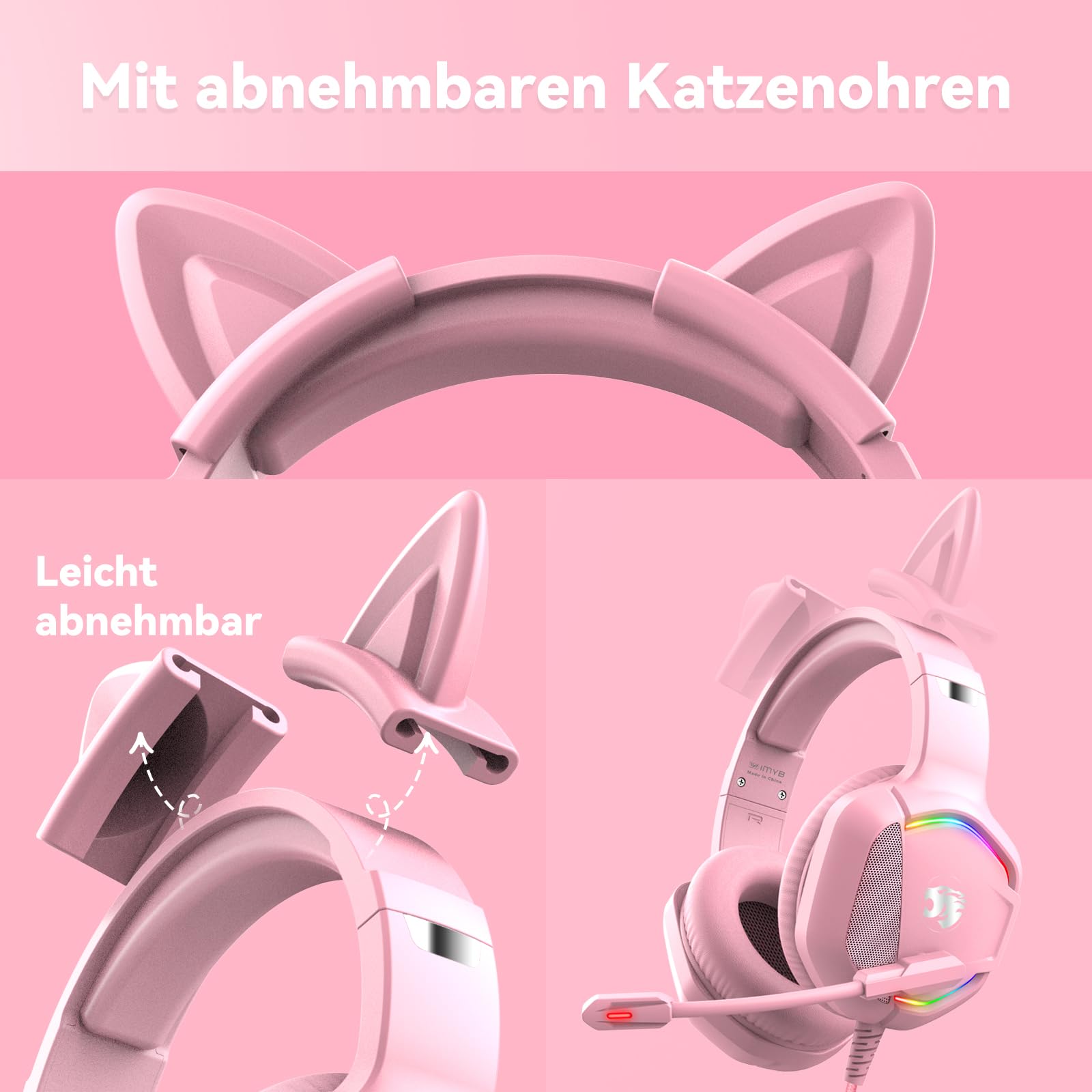 IMYB Gaming Headset mit Katzenohren abnehmbaren, RGB-Licht, Stereo Surround Noise Cancelling, Mikrofon für PC, PS4, PS5, Xbox One X/S, Mac, Laptop (Rosa)