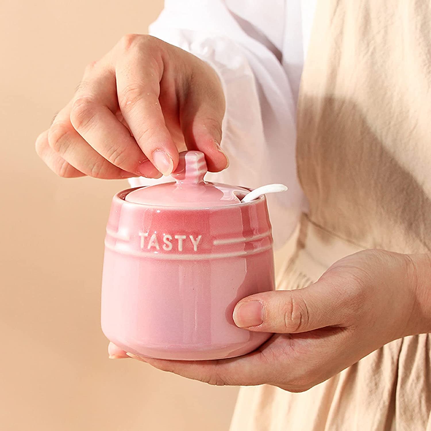 Azucarero de cerámica, jarra for crema, azucarero de cerámica con degradado francés con tapa, azucarero sólido con cuchara, tarro de especias de porcelana, decoración de cocina, almacenamiento, rojo (