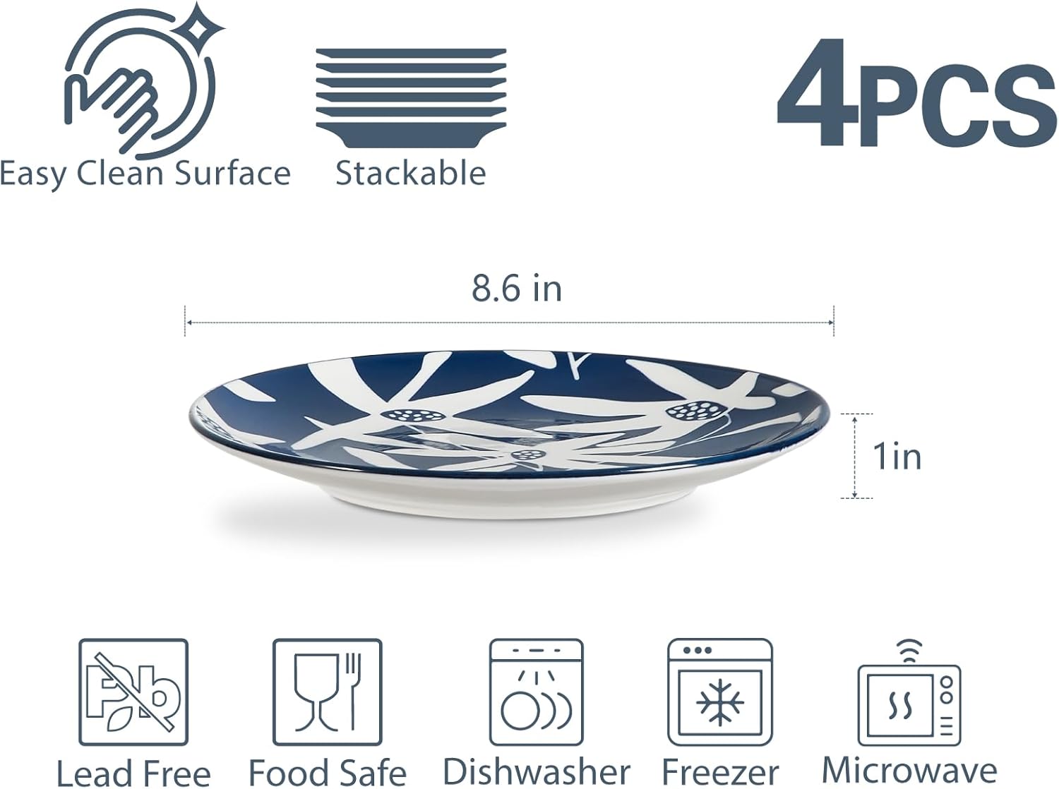 ONEMORE Dinner Plates Set of 4, 8.5 Inch Ceramic Blue and White Salad Dessert Appetizers Plates, Microwave & Dishwasher Safe Scratch Resistant, Small Serving Dish Platters - Image 6