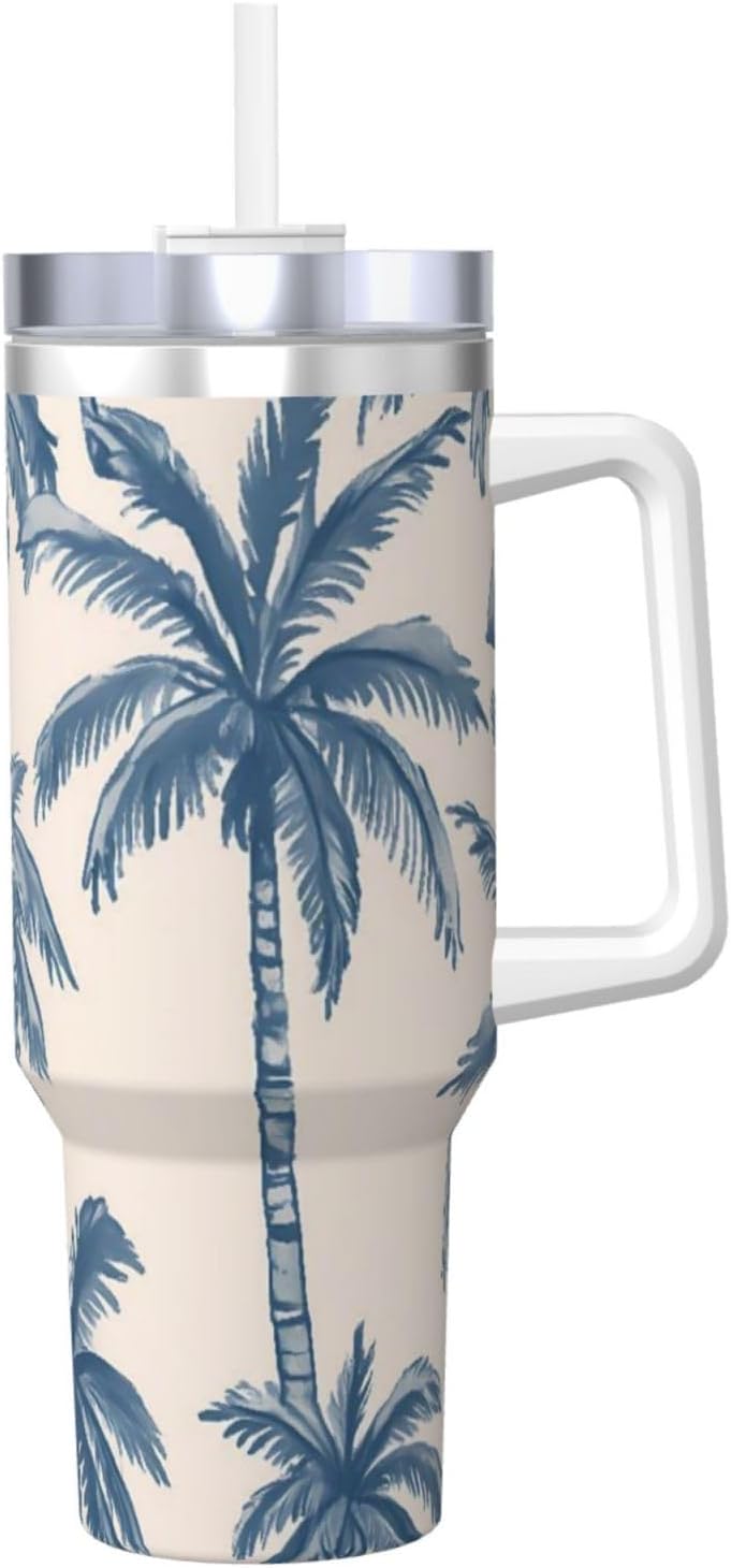 Watercolor Indigo Blue Palm Tree 40 Oz Stainless Steel Insulated Fun Coffee Cups Ice Bully Cup With Handle And Straw