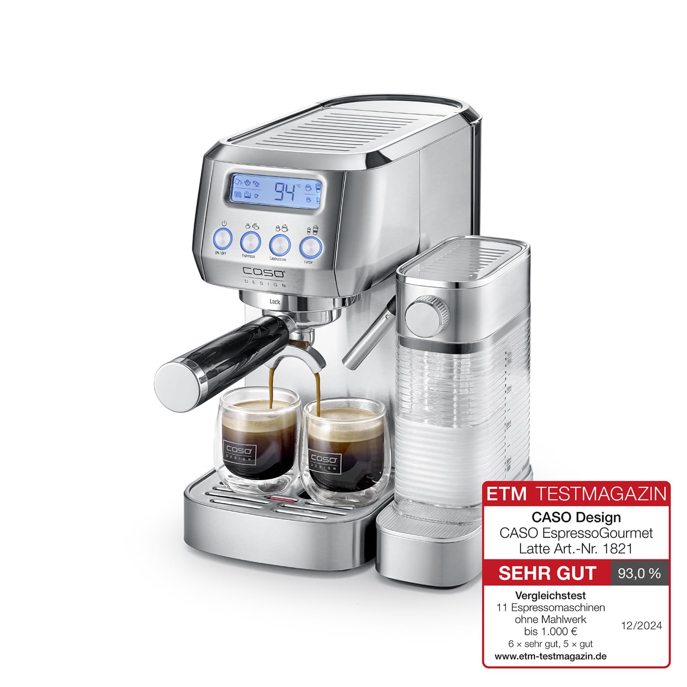 CASO Espresso Gourmet Latte - Juicio test muy bien, cafetera con depósito de leche integrado, bomba ULKA 20 bar, placa calefactora para tazas, 1 o 2 tazas, plata, acero inoxidable