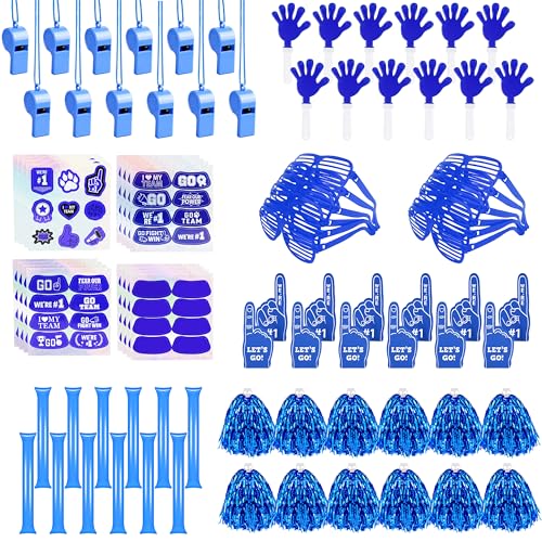 Letsroar 204 Pcs Team Spirit Accessories Blue School Spirit Items - Cheerleading Pom Poms, Whistles, Thunder Sticks, Hand Clappers for Tailgates Football Baseball Sports Events