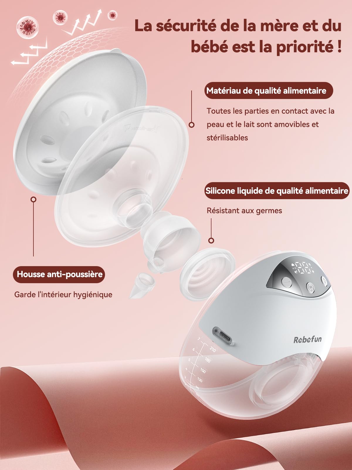 Robofun Tire Lait Electrique Main Libre, le Tire-Lait Silencieux avec 4 Modes et 12 Niveaux de Suction, Avec Couvercle Anti-Poussière, 2 Pièces Breast Pump avec 19/21/24mm Bride
