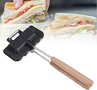 Vista 3 de Fdit Sartén de doble cara para hornear de aleación de aluminio, sartén para sándwiches con mango de madera maciza, tostadora antiadherente