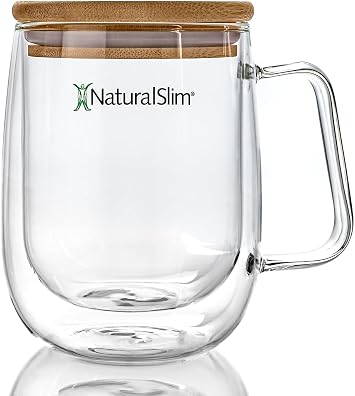 NaturalSlim Double Walled Glass Coffee Mugs With Bamboo Lid, Insulated Travel Coffee Mug for Hot and Cold Drinks, Borosilicate Glass, Lead-Free, Smooth Edge, Cool to the Touch, Reusable, 13.5oz