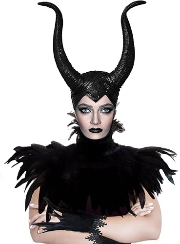 Chal de plumas negras con cuernos de maléfica, diadema y puño de plumas, disfraz de maléfica para mujer, capa negra de maléfica, conjunto de disfraz