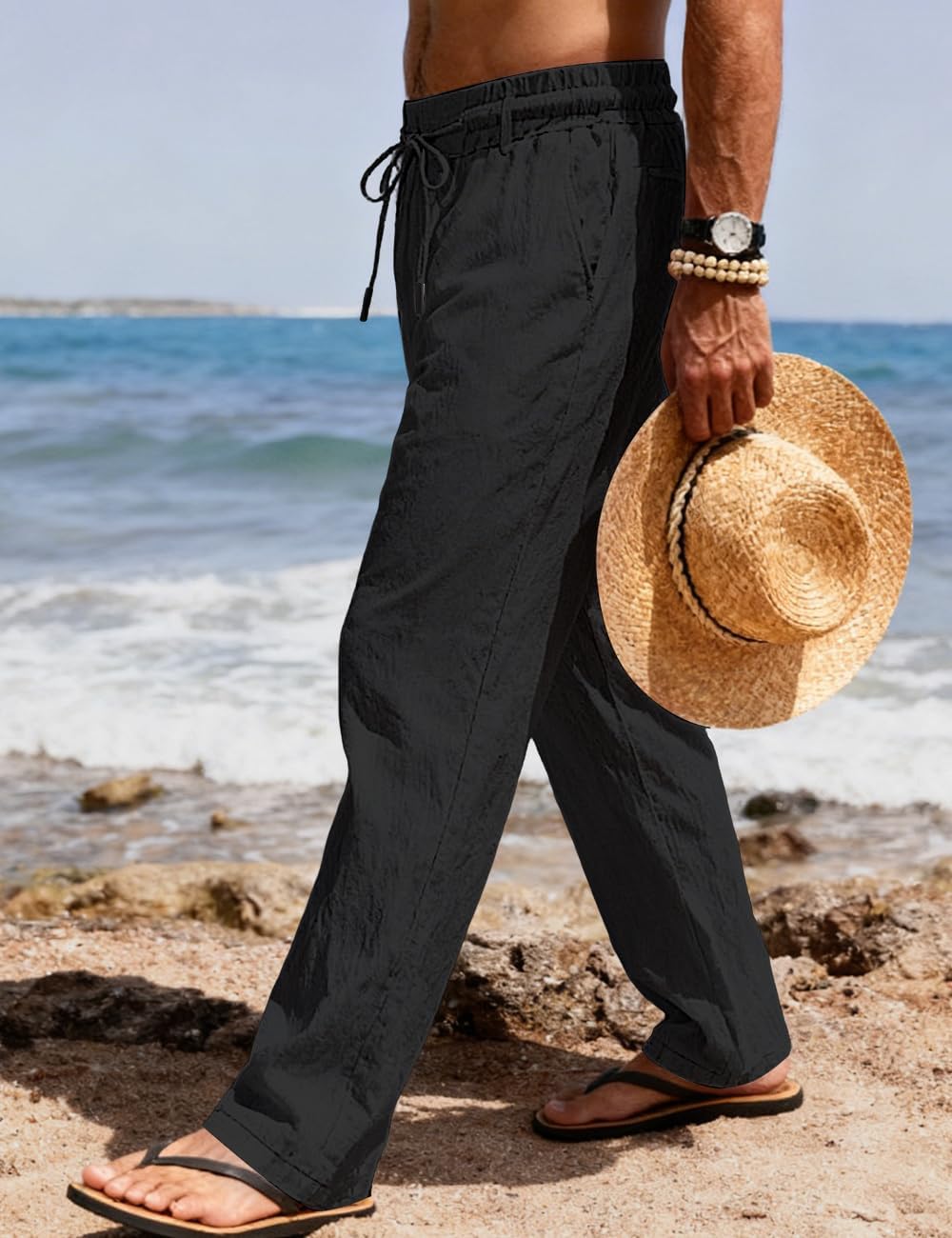 Men's Casual Linen Pants Elastic Waist Drawstring Summer Beach Lightweight Trouser with Pockets