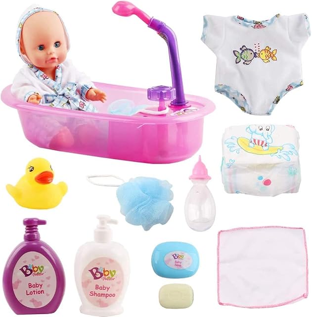 deAO Baby Doll Bath Play Set with Real Water Faucet Function and Baby Doll Accessories Included (Pink)