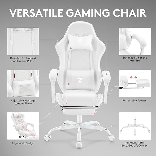 Miniatura 6 de Silla blanca para juegos, silla de oficina para computadora con reposapiés, soporte lumbar de masaje y almohadilla de gel, silla ergonómica