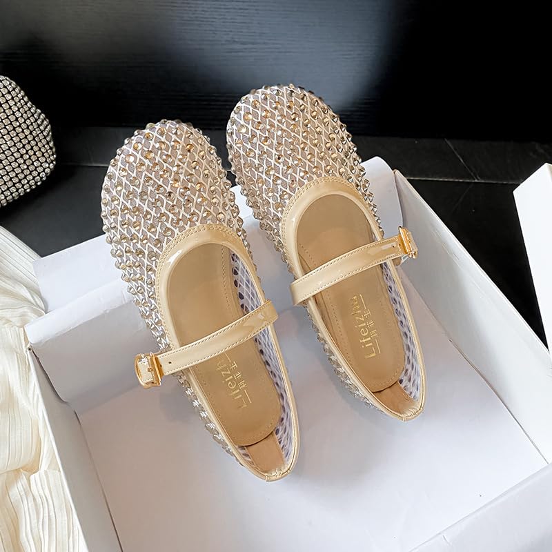 Women's Ballet Flats with Crystal Decor - Breathable Mesh Mary Jane Shoes, Lightweight Round Toe Casual Flats for Women (Black, Beige)2