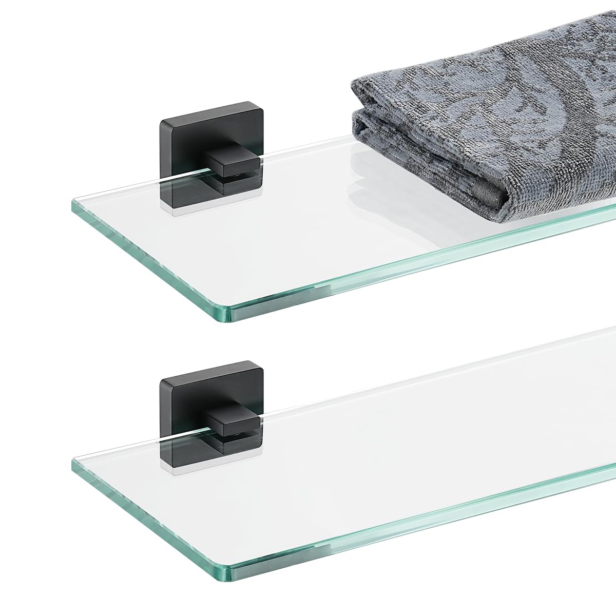 JQK Bathroom Glass Shelf Black, Tempered Glass Shower Storage 12 by 5 inches, 304 Stainless Steel Matte Black Wall Mount 2 Pack, TGS201L12-PB-P2