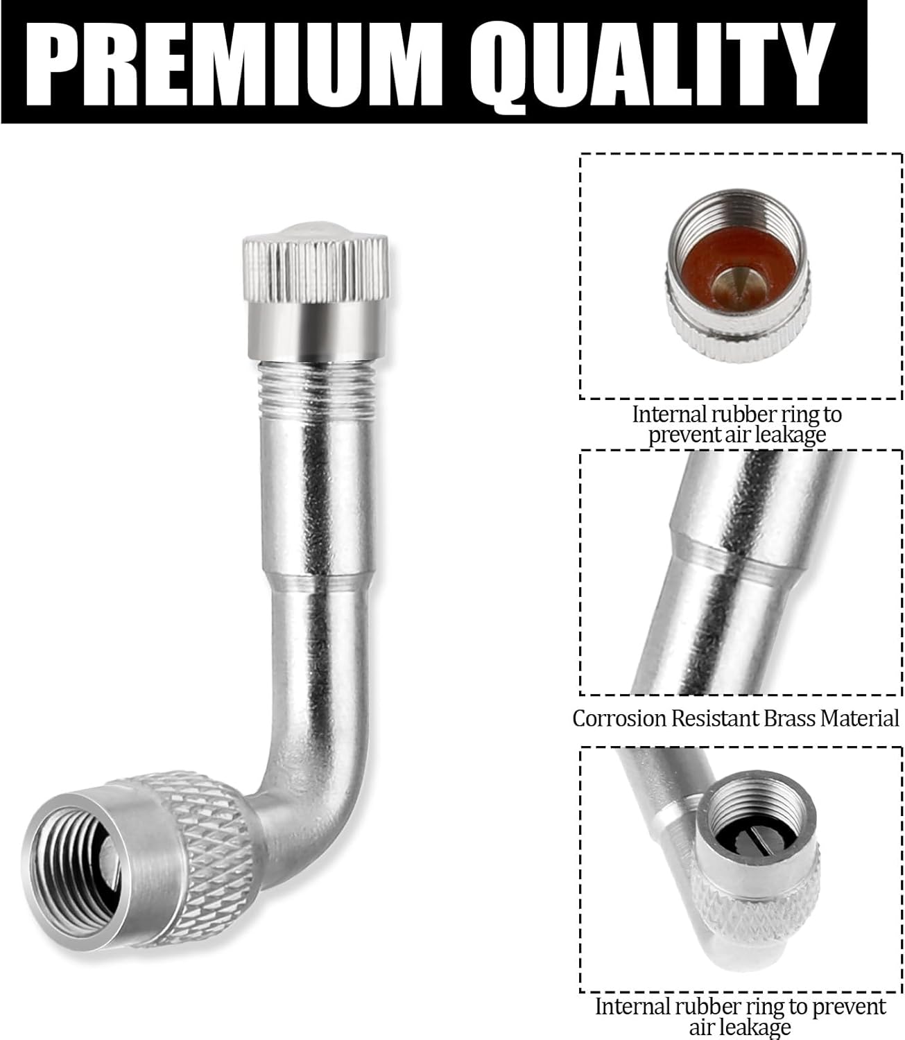 Psyqtsuary Tire Valve Extender, 2 Pcs 90 Degree Brass Valve Stem Extension Adaptor Metal Tire Valve Extension Universal for Passenger Cars, Bicycles, Motorcycles, RV, Trailers (Silver)