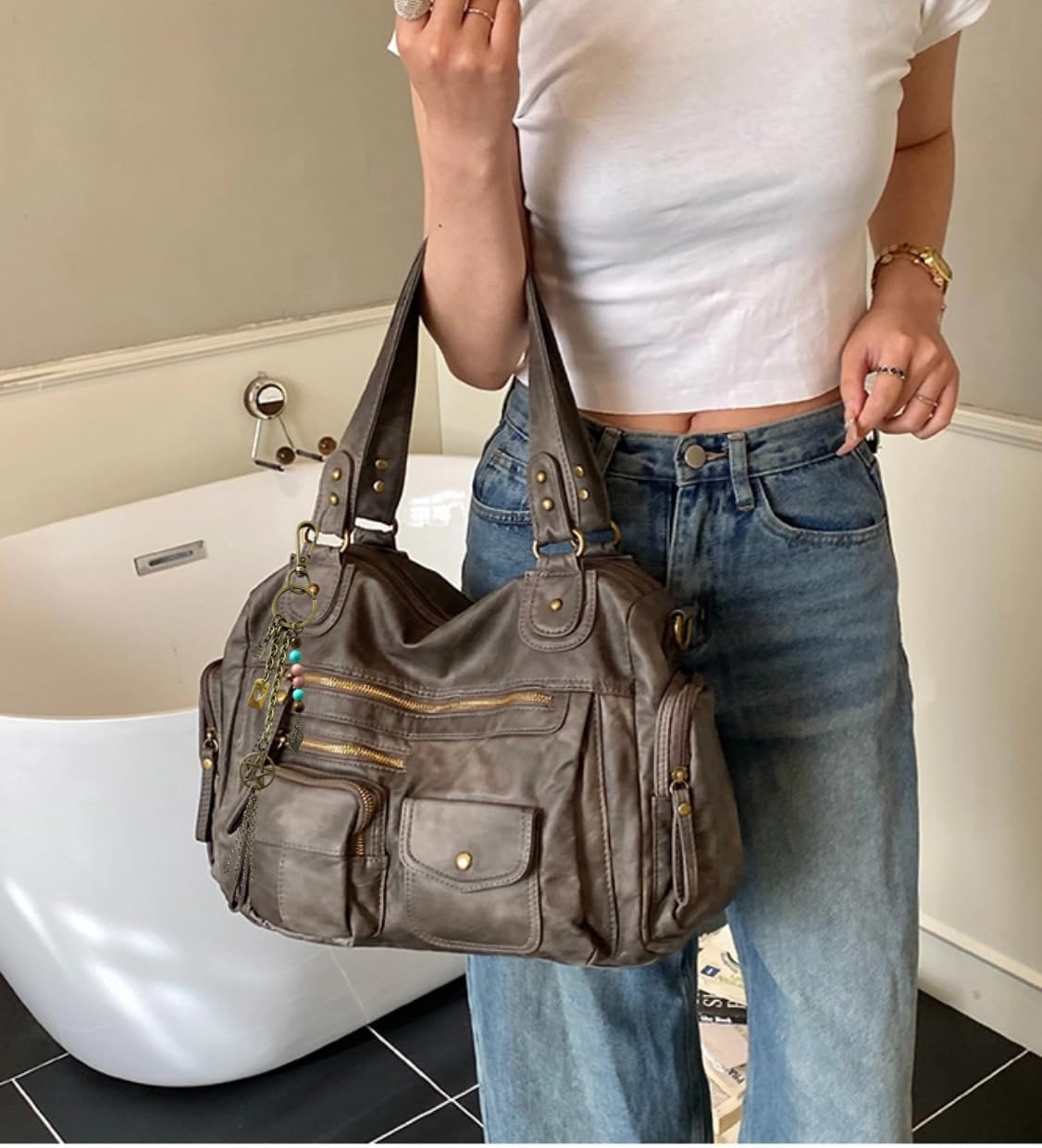 Worldlyda Crossbody Bags for Women Large Tote Soft Leather Purses Washed Y2K Hobo Vintage Handbag Shoulder City Bag image 2